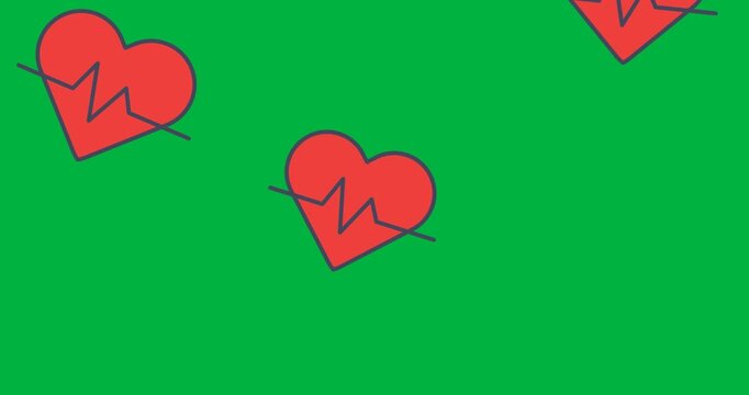 Digital animation of multiple cardio red heart icons falling against black background