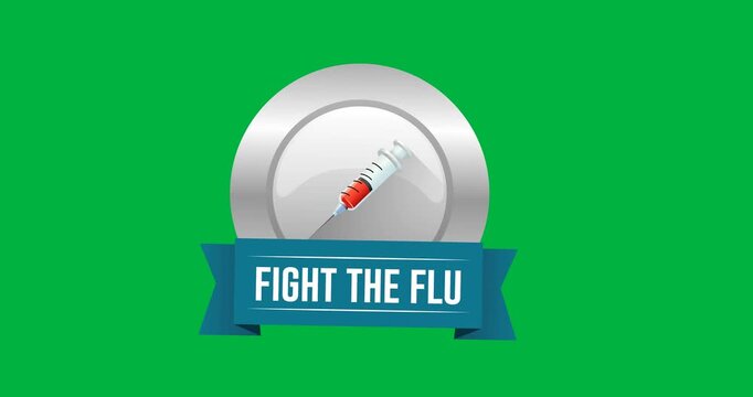 Digital animation of fight the flu text banner with syringe icon against black background