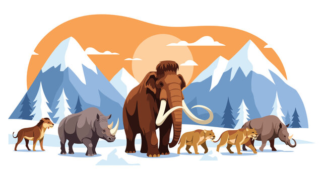 Prehistoric scene featuring a woolly mammoth leading a group of ancient creatures through a snowy mountain range at sunset or sunrise.