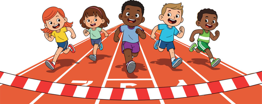 Kids Running in a Race with Finish Line for Sports, Active Lifestyle, and Childhood Themed Designs