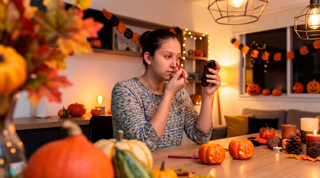 Meticulous woman sketching Halloween scars in cozy autumn home