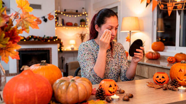Resourceful woman cleansing Halloween makeup after costume test