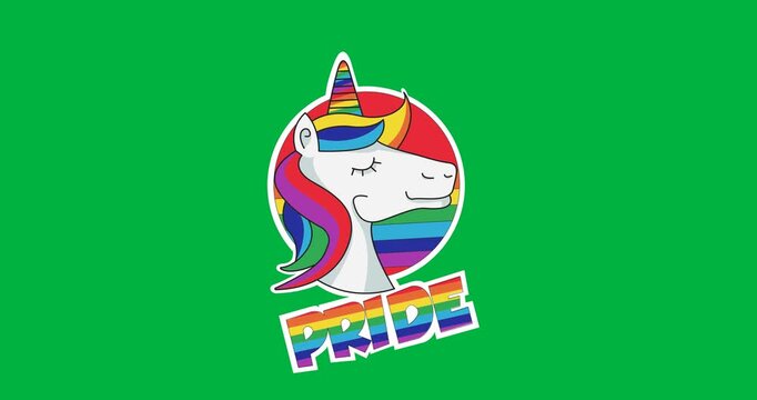 Digital animation of unicorn icon with pride text against black background