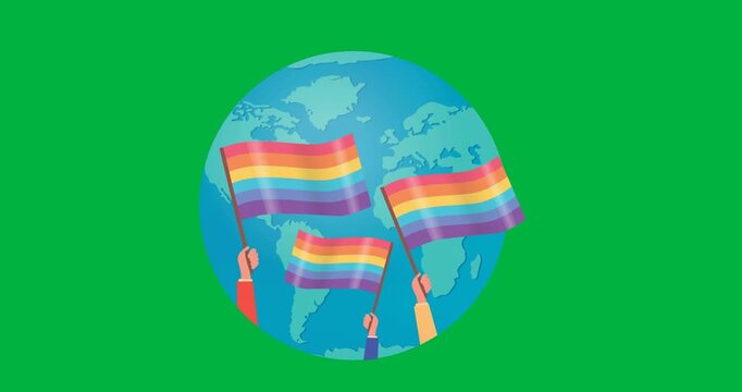 Digital animation of hands holding rainbow flags over globe icon against black background