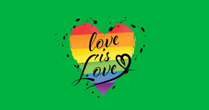 Digital animation of love is love text over rainbow heart icon against black background
