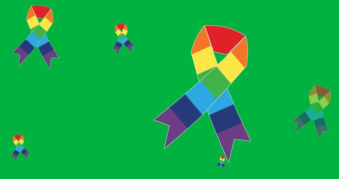 Digital animation of multiple rainbow ribbon icons against black background