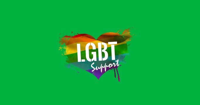 Digital animation of lgbt support text over rainbow heart icon against black background