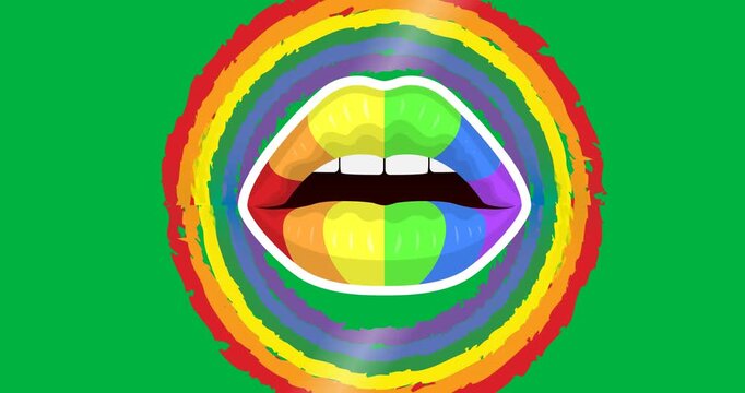 Digital animation of rainbow lips icon over a rainbow circle against black background
