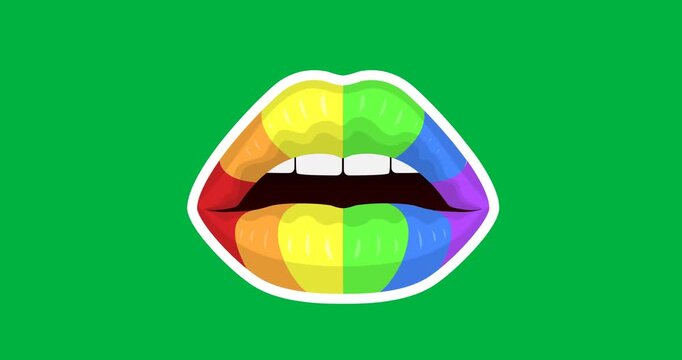 Digital animation of rainbow lips icon against black background