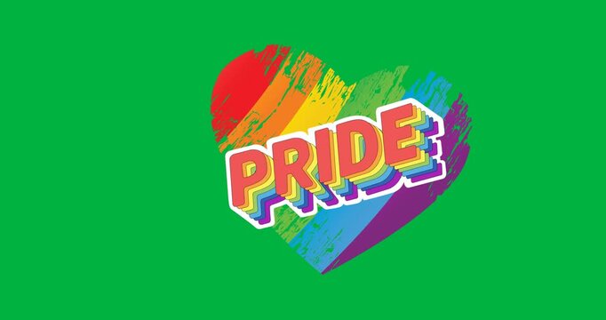 Digital animation of pride text over rainbow heart icon against black background