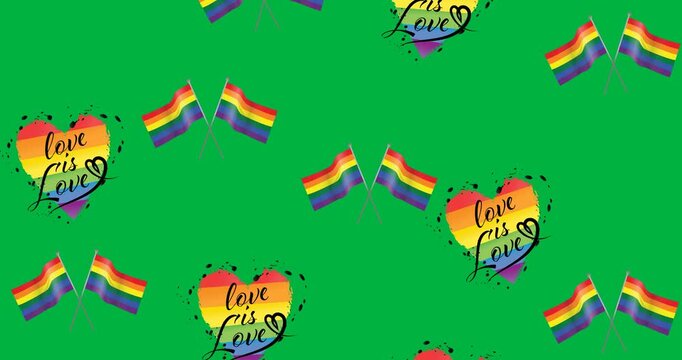 Multiple rainbow flags and love is love text on rainbow heart icons falling against black background