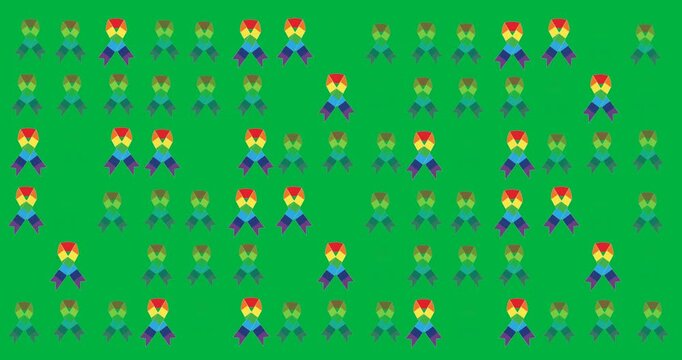 Digital animation of multiple rainbow ribbon icons in seamless pattern against black background