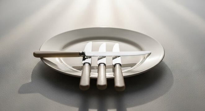 Elegant metal knife set on a plate with soft lighting