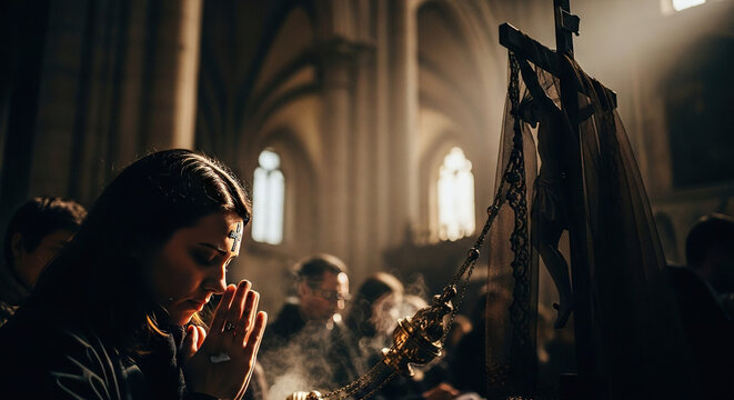 Woman in Prayer Before Religious Cross in Church