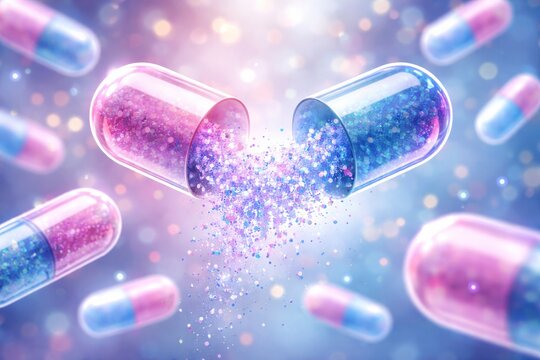 Open capsule with sparkling glitter pouring out surrounded by other pills abstract medical or pharmaceutical concept.