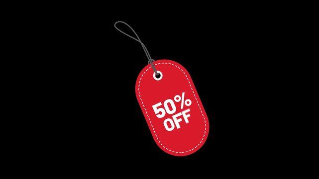 Animated 50 Percent Off Hanging Price Tag for Retail Promotion Motion Loop on Alpha Channel