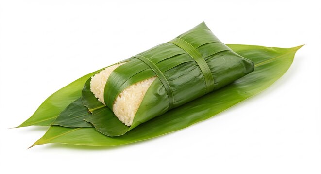 丁寧に緑の葉で包まれたアジアの伝統的なもち米料理 粽 明るく均一なスタジオ照明がその自然な美しさと食感を際立たせ白い背景に鮮やかに映える. AI Generated