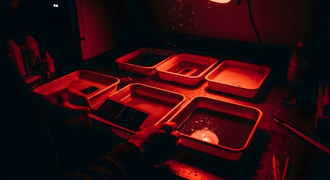 A photographer develops Polaroid film in a darkroom under a red safety light. A tray of chemicals rests on the work surface. A hand carefully holds photographic paper.