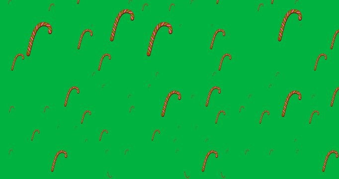 Digital animation of multiple candy cane icons falling in seamless pattern against black background