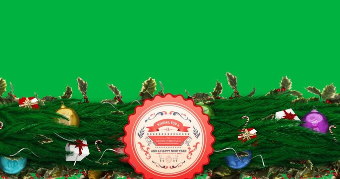 Merry christmas and happy new year text banner over decorated green tree branch