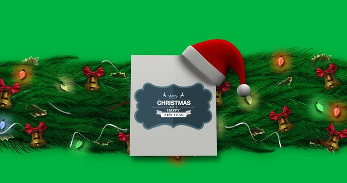 Santa hat over merry christmas and happy new year text banner over decorated green tree branch