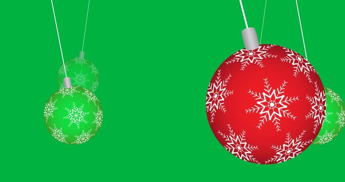 Digital animation of multiple hanging christmas baubles against black background