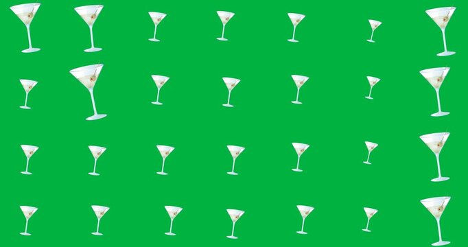 Digital animation of multiple martini glasses icons in seamless pattern on black background