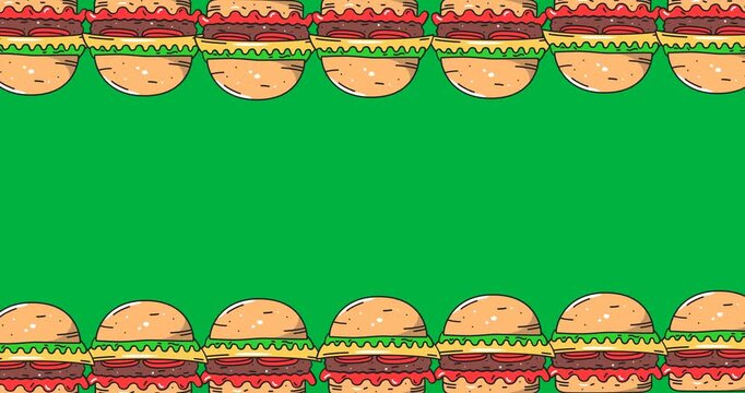 Multiple burger icons moving in seamless pattern with copy space against black background