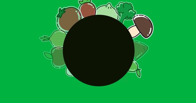 Multiple fruits and vegetables icons with copy space on black background