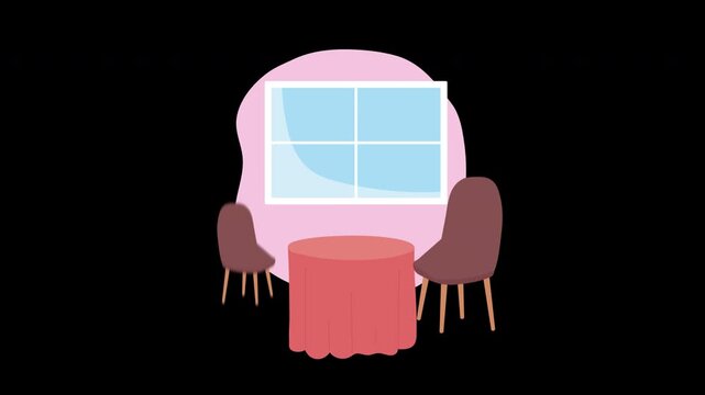 Animated Romantic Dinner Table Setup with Wine Glasses and Chairs Motion Loop on Alpha Channel
