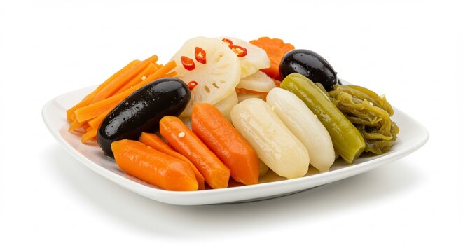 鮮やかな色合いが食欲をそそる漬物盛り合わせ明るい光の中で美しく並べられた健康的な和食. AI Generated