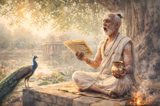 Elderly Sadhu Reading Scripture Near River with Peacock, Peaceful Scene