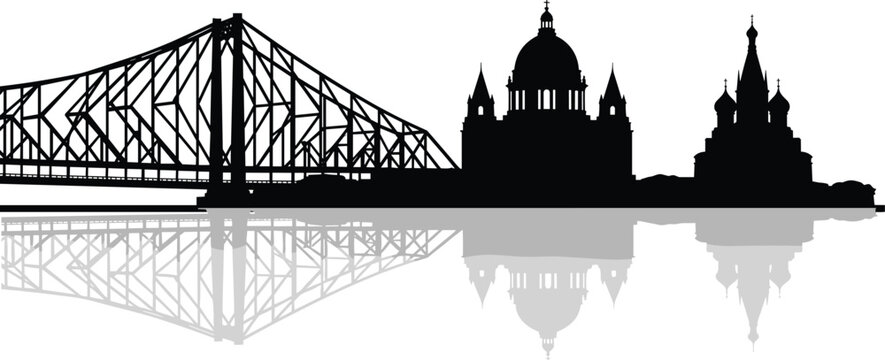 Black silhouette vector illustration of Kolkata city skyline featuring Howrah Bridge and Victoria Memorial with water reflection on white background.
