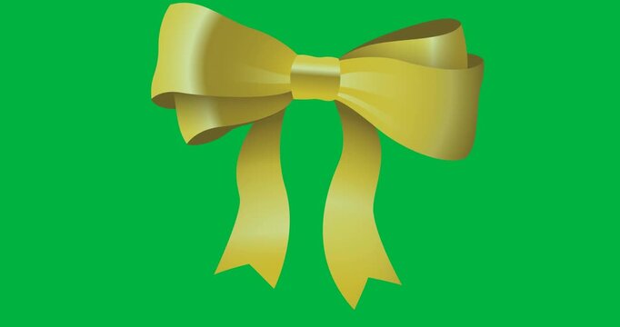 Digital animation of golden ribbon bow tie against black background