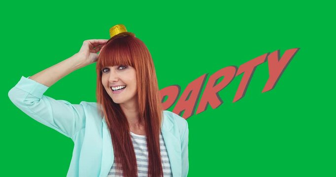 Caucasian redhead woman wearing a tiny hat smiling and party text banner on black background