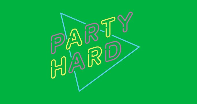 Digital animation of neon party hard text over a triangle shape against black background