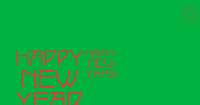 Digital animation of multiple red happy new year text banners against black background