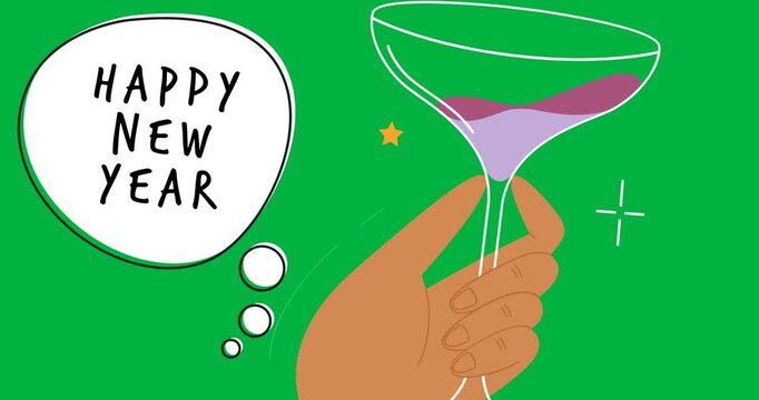 Happy new year text banner and hand holding a champagne glass icon against black background