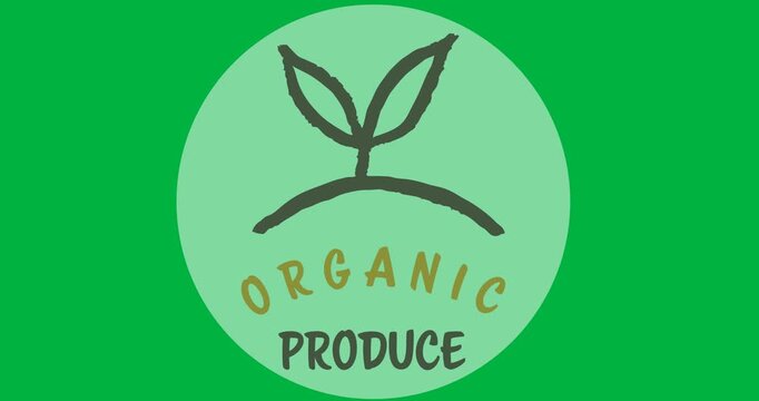 Organic produce text with leaves icon over a grey round banner on black background
