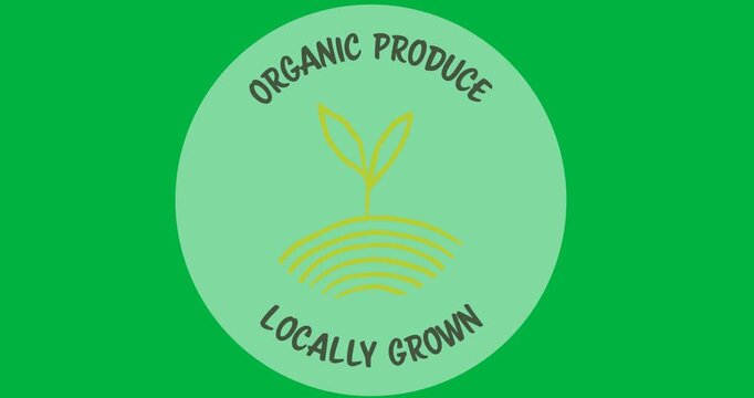 Organic produce locally grown text with leaves icon over a grey round banner on black background