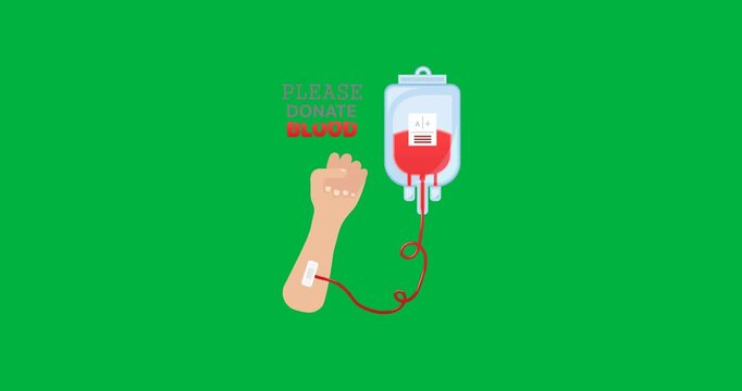Please donate blood text banner with hand and blood bag icon against black background