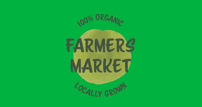 Digital animation of 100 percent organic farmers market text banner against black background