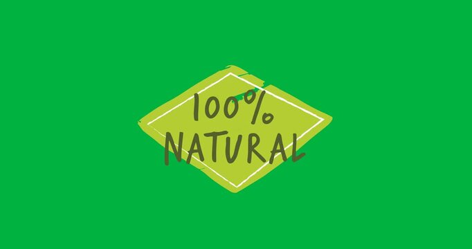 Digital animation of 100 percent natural text over a green banner against black background