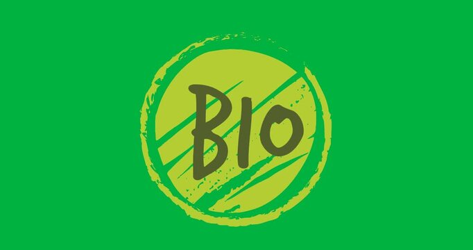 Digital animation of bio text over green round banner against black background