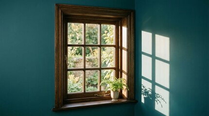 Fototapeta premium Vintage wooden window, dark teal wall interior, sunlight shadow effect