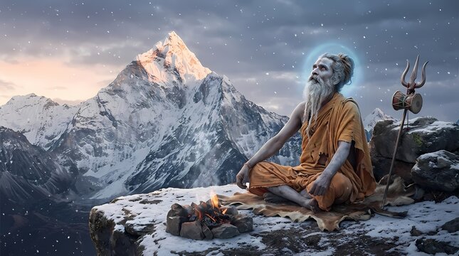 Hindu Sadhu Meditating in Snowy Himalayan Mountains, Spiritual Serenity