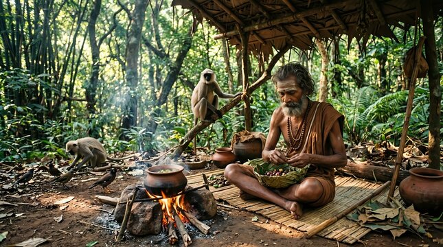 Hindu Sadhu Cooking Food in Forest Hermitage, Simple Spiritual Lifestyle
