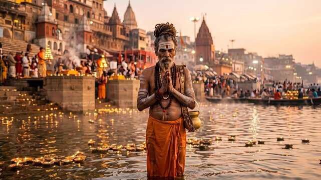 Indian Sadhu Praying at Ganga River Ghat, Varanasi Spiritual Ritual Scene