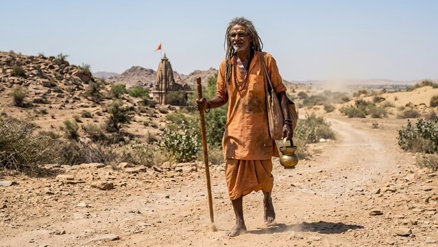 Indian Sadhu Walking in Desert Landscape, Spiritual Journey Concept