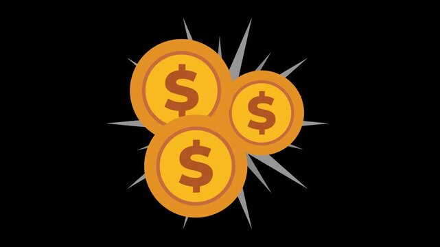 Animated Dollar Coin Stack Icon with Shining Burst Effect Motion Loop on Alpha Channel